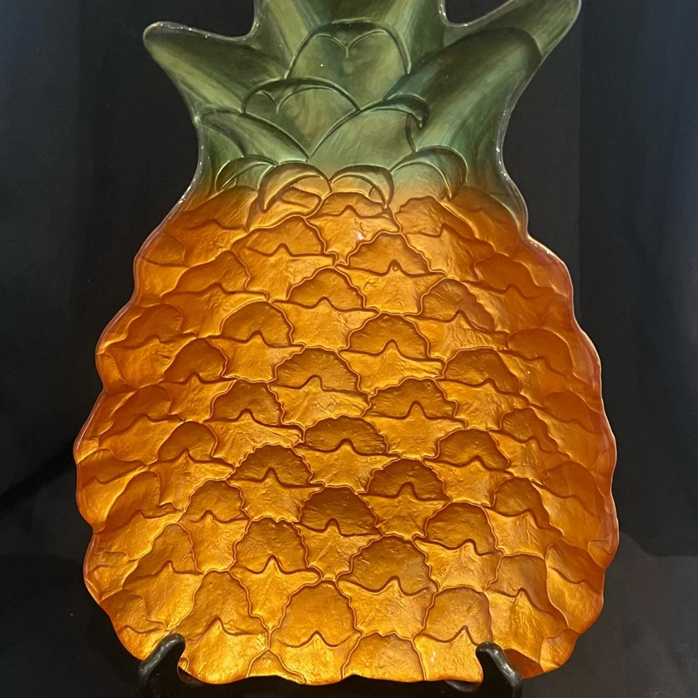 Pineapple Iridescent Art Turkish Glass Display Serving Dish 13” x 9” New